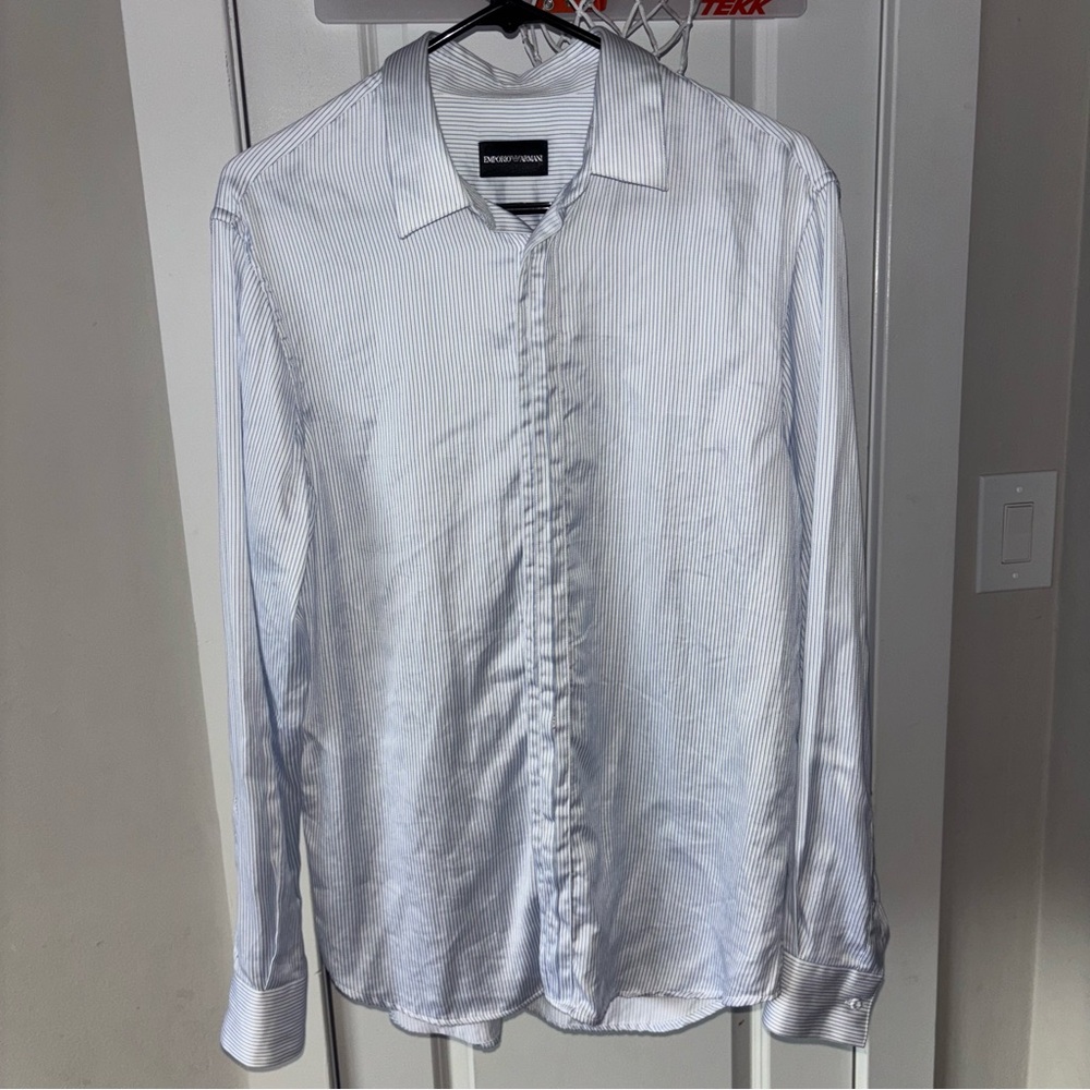Emporio Armani Men's Slim Fit 100% Cotton White Striped Casual Shirt Sz L USA 16